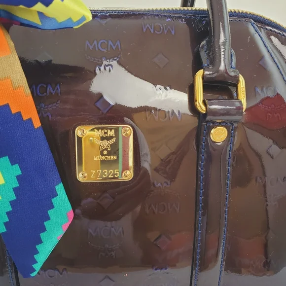 MCM Patent Embossed Satchel Crossbody Bag Ombre Brown Blue Purple - Picture 5 of 16